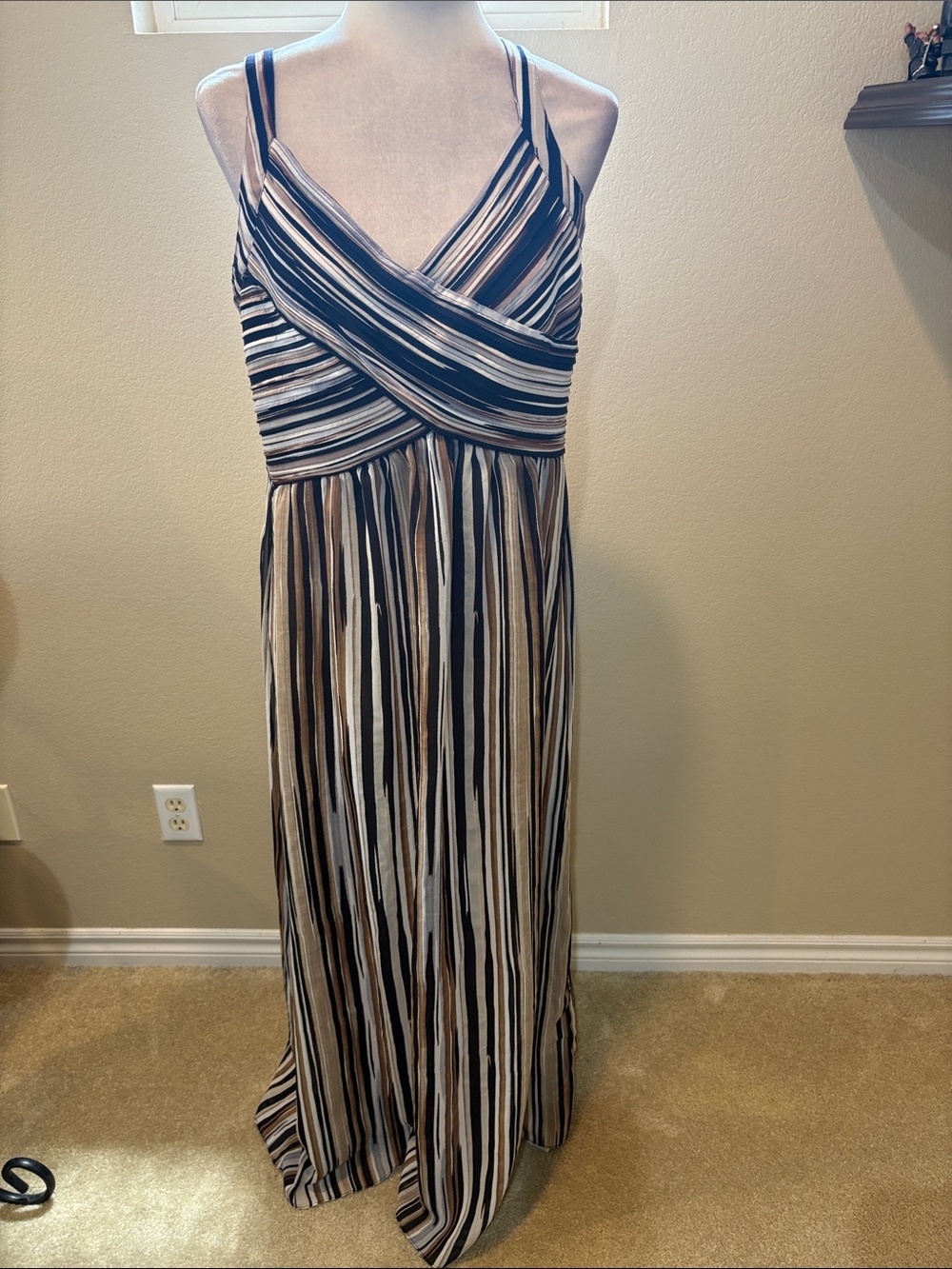 Dress Barn Woman Striped Beige, Black, Brown and Cream Lined Maxi Dress-Size 16